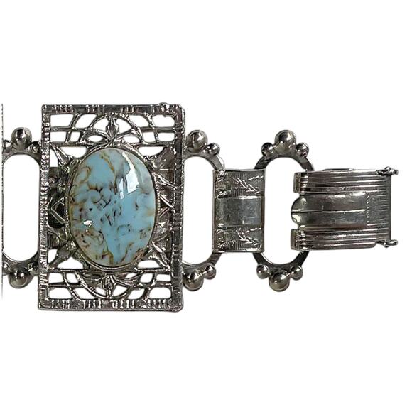 80s Silver Tone Faux Turquoise & Iridescent Stones Retro Victorian Link Bracelet - Picture 5 of 7